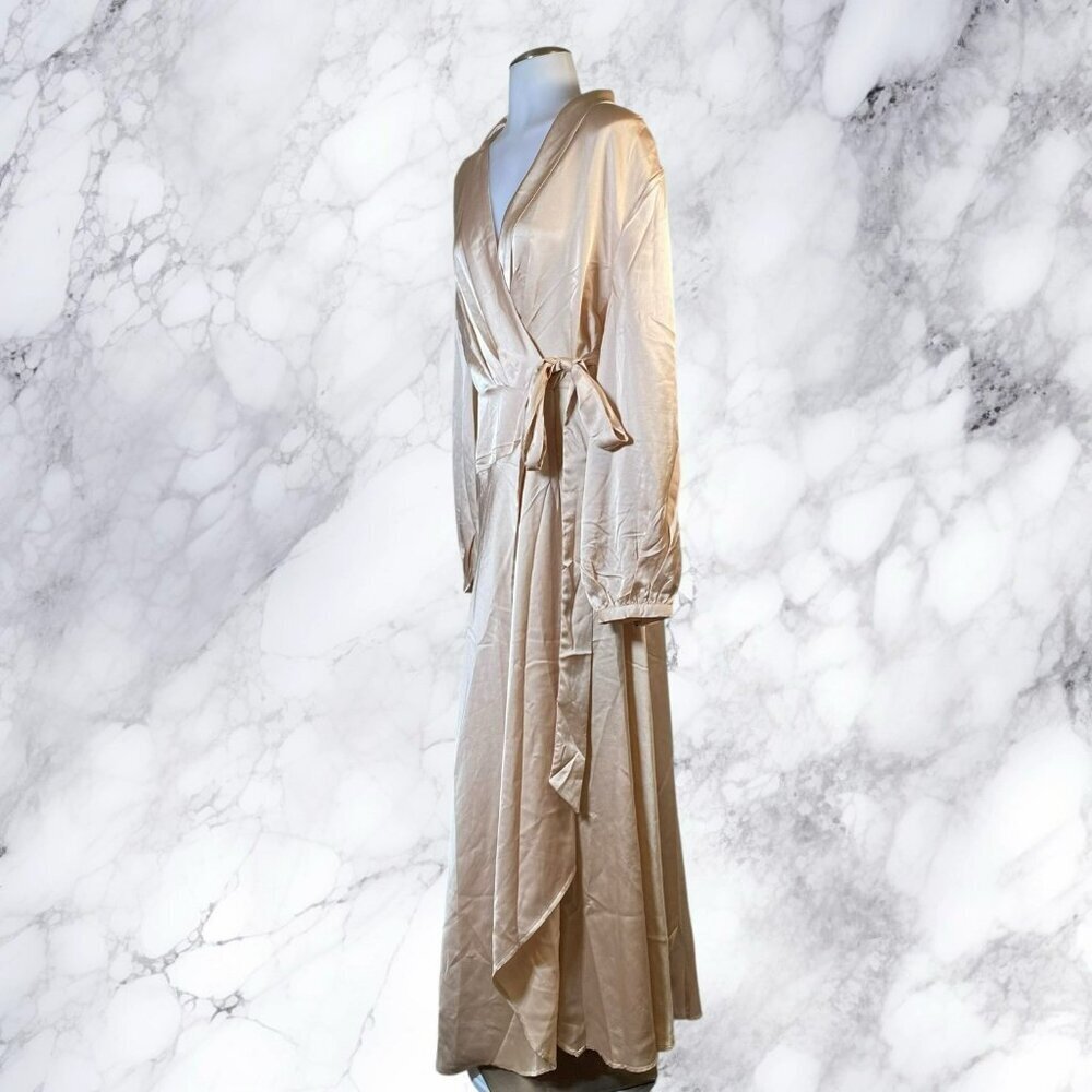 NastyGal Satin Long Sleeve Midi Wrap Dress - Rose - Picture 4 of 12